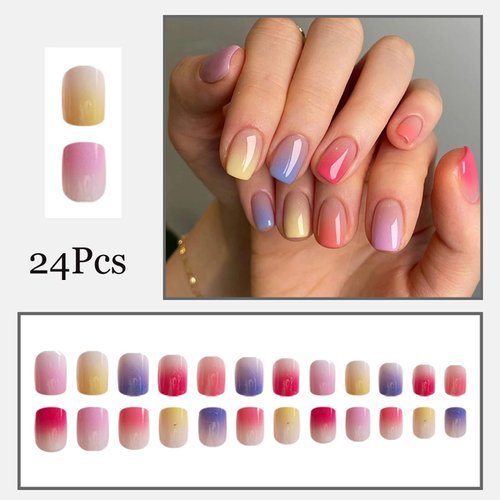 24Pcs Short Press on Nails French Tip Fake Nails Gradient Rainbow Acrylic Nails Full Cover Glue on Nails Colorful Coffin False Nails Glossy Stick on Nails Rainbow Artificial Nails for Women Girls