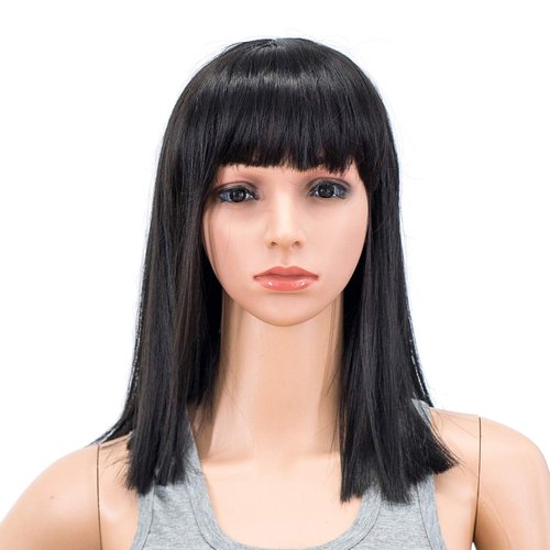 SWACC 14 Inches Short Straight Medium Shoulder Length Wig with Blunt Cut Bangs and Bottom End Synthetic Heat Resistant Hair Wigs for Women with Wig Cap (Dark Lavender Purple)