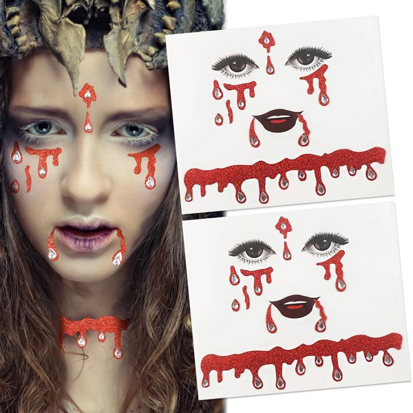 Vampire Face Jewels Glitter Halloween Face Tattoos Vampire Blood Face Gems Stick on Rhinestone Eye Body Fake Tattoo Halloween Decoration Party Supplies 2Sheets Carnival Party (1-White Jewels)