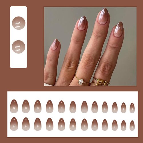 Brown Short Press on Nails Almond Fake Nails Fall Gloss Acrylic Nails French Gradient Glue on Nails Petite Artificial Nails Full Cover False Nails Reusable Artificial Nails for Women Girls 24Pcs