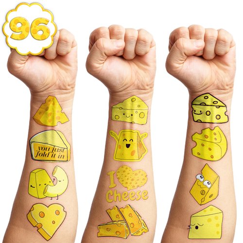 107 PCS Funny Cheese Temporary Tattoos Birthday Party Decorations Supplies Favors Cute Yellow Cheese Dairy Food Sweet Cheesy Decor Stickers For Boys Girls Gift School Prizes Rewards