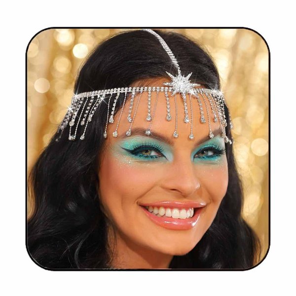 DRESBE Rhinestone Tassel Head Chain Silver Star Bride Wedding Head Jewelry Sparkly Bridal Crystal Hair Accessories for Women