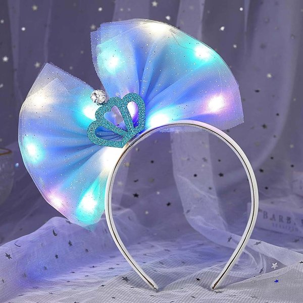 EARENT Light Up Bow Headband Led Crown Hair Band Glowing Tulle Bowknot Princess Headpiece Birthday Party Costume Hair Accessories for Girls