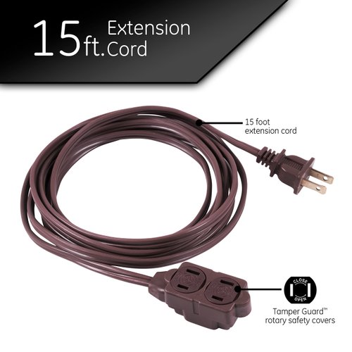 GE 3-Outlet Extension Cord with Multiple Outlets 15 Ft Extension Cord Power Strip 2 Prong 16 Gauge Twist-to-Close Safety Outlet Covers Outdoor Extension Cord Outlet Extender UL Listed Brown 51957