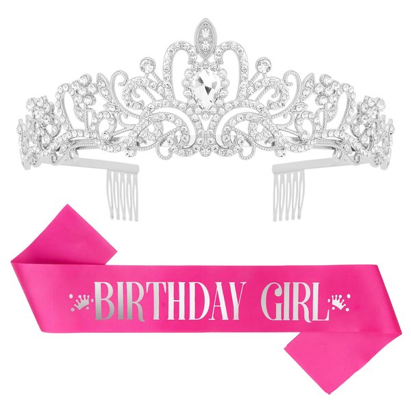 CAVETEE "Birthday Girl" Sash and Rhinestone Tiara Set, Hot Pink Birthday Sash and Birthday Crown Happy Birthday Decorations for Gift Birthday Girl Sash for Party Cake Topper