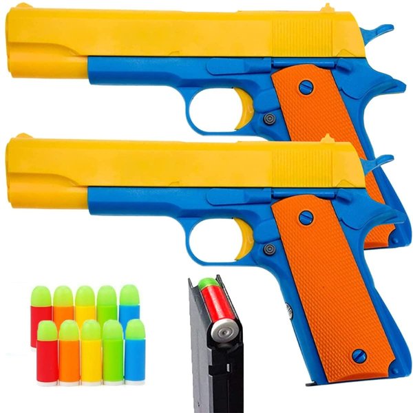 2 Pack - Kids Toy Gun Realistic 1:1 Scale Colt M1911 for Training or Play, Pistol with Soft Rubber Bullets, Ejecting Magazine, and Pull Back Action