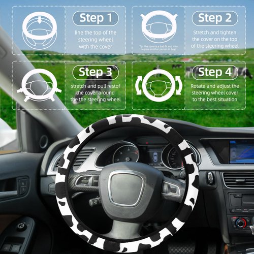 SuperKaKa 3PCS Cow Print Steering Wheel Cover,Auto Cute Anti-Slip Breathable Cow-Pattern Shift Gear & Hand Brake Covers Universal Car Interior Accessories for Women Men (Black)