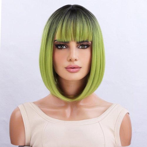 RightOn Green Wig Short Green Bob Wigswith Flat Bangs Synthetic Colorful Wigs for Cosplay Daily Party Wig Cap Included