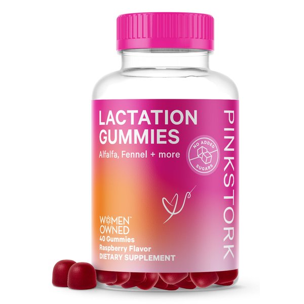 Pink Stork Lactation Supplement Gummies - Support Breast Milk Supply with Milk Thistle, Alfalfa, Vitamin D, and B12, Postpartum Recovery, Breastfeeding Essentials - Raspberry, 40 Count