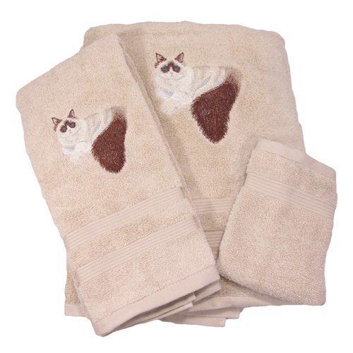 Big Black Horse LLC Bath Towel Set with Embroidered Ragdoll Cat - Beige Terry