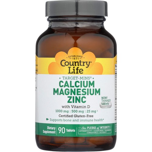 Country Life Target Mins Calcium-Magnesium Zinc with Vitamin D, 1000mg/500mg/25mg 90 Count, Certified Gluten Free, Certified Vegan