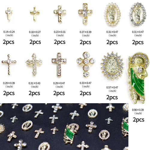 LIFOOST 3D Cross Nail Rhinestones Charms San Judas Tadeo Virgin Mary Nail Charms for Acrylic Nails 24 Pcs Gold Nail Art Jewels Accessories Metal Shiny Alloy Crystals Gems DIY Supplies Decorations Set