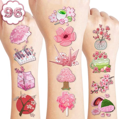 Cherry Blossom Temporary Tattoos (8 Sheets 80PCS) Flowers Party Decorations Supplies Favors Japanese Theme Birthday Cute Stickers Christmas Gifts for Boys Girls Class School Prizes Carnival