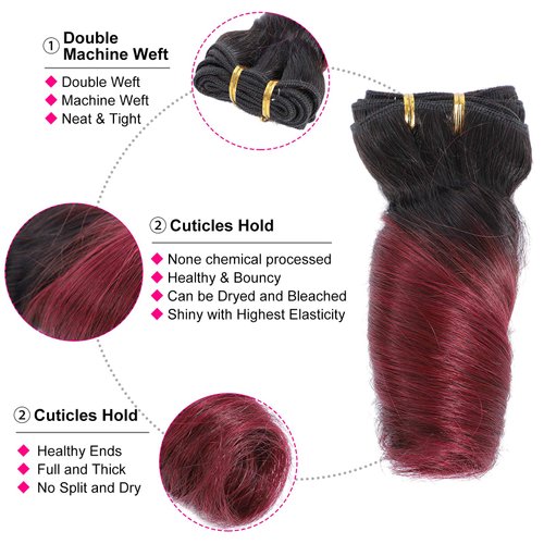 XCCOCO 10A Short Ombre Loose Wave Hair 4 Bundles 10 10 10 10inch (50g/bundle) Ombre Burgundy Wavy Red Wine Peruvian Virgin Human Hair Short Soft Bob Curly Weave(1b/99j#)