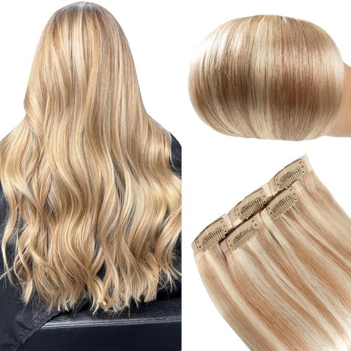 FUBILI seamless clip in hair extensions human hair Invisible PU Skin Weft Light Blonde Highlighted Golden Blonde hair extensions real hair 16 Inch 30g 5Pcs