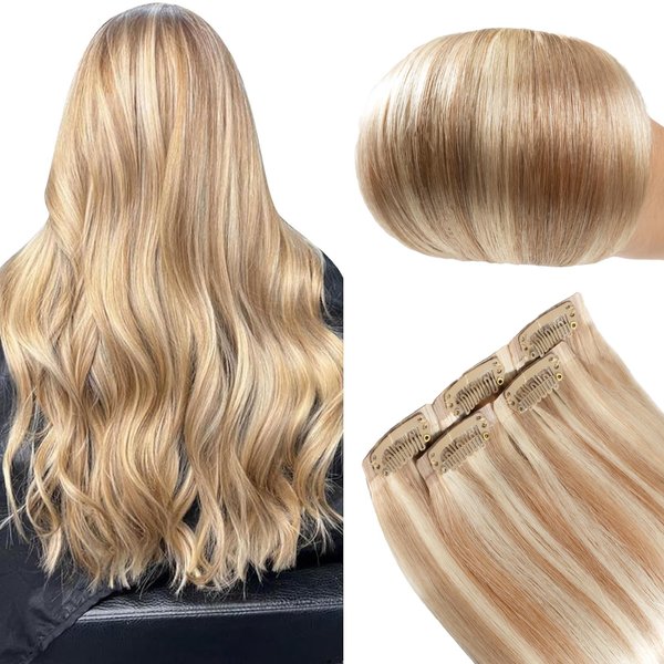 FUBILI seamless clip in hair extensions human hair Invisible PU Skin Weft Light Blonde Highlighted Golden Blonde hair extensions real hair 16 Inch 30g 5Pcs