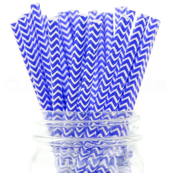 CleverDelights Blue Chevron Paper Straws - 400 Pack - Eco-Friendly Biodegradable Drinking Straws - Bulk Carton