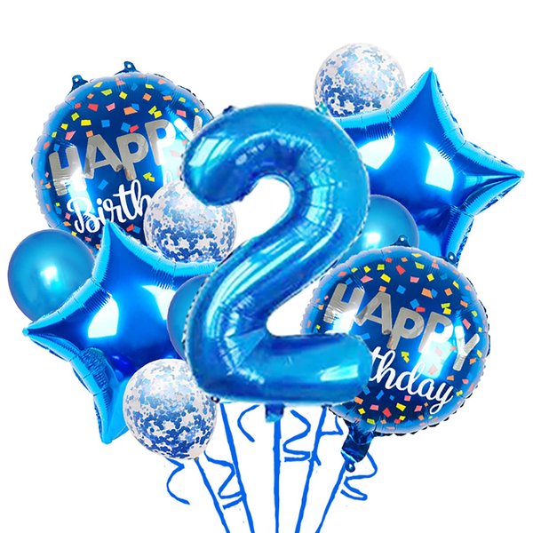 Chaungfu Balloons, 11 pcs Foil Balloons 2 Year Old for 2st Birthday Party Supplies Decoration, Confetti Balloon Kids Years (2th, Blue)