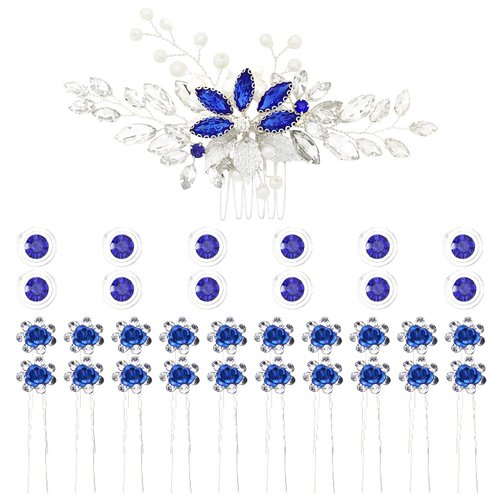 inSowni 33 Pack Royal Blue Rhinestone Pearl Crystal Leaf Flower Bridal Hair Side Combs+Spiral Gems Hair Clips+U Shaped Hair Pins Wedding Headpieces Accessories for Women Girls Brides Bridesmaids