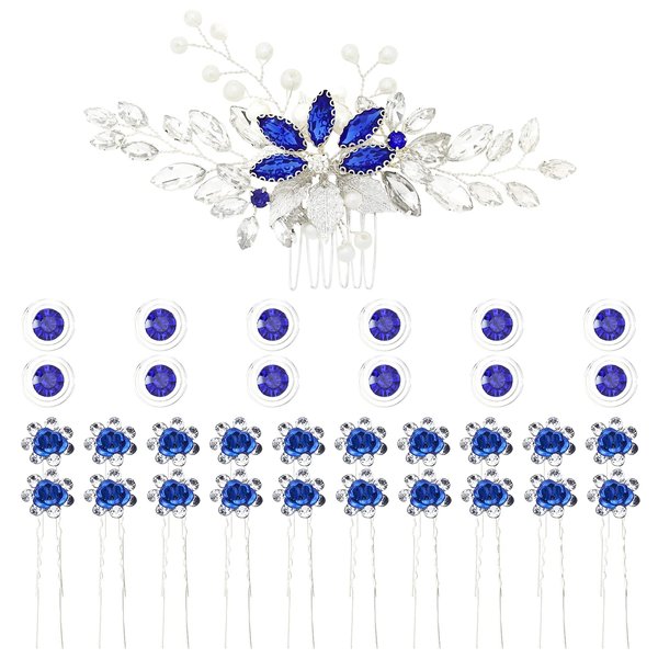 inSowni 33 Pack Royal Blue Rhinestone Pearl Crystal Leaf Flower Bridal Hair Side Combs+Spiral Gems Hair Clips+U Shaped Hair Pins Wedding Headpieces Accessories for Women Girls Brides Bridesmaids