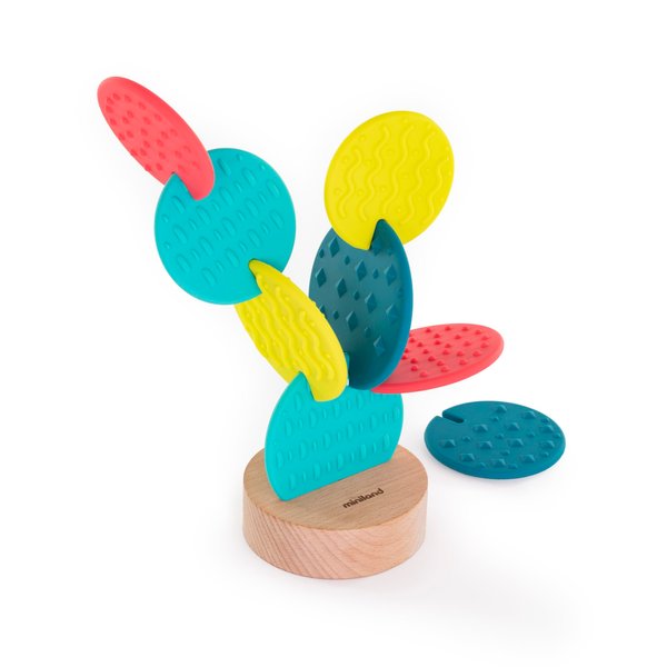 Miniland Feel to Learn Sensory Cactus. Sensory Toy with 8 Flexible Pieces and one Wooden Base. Teething and Stacking for Children from +6 Months