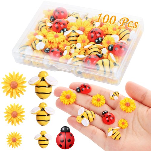 MIKIMIQI 100 Pcs Resin Bees Daisy Decor Bumblebee Ladybug Embellishment Sunflower Bees Charms Craft Decorations with Storage Box for Women DIY Craft Wreath Scrapbooking Party Decorations, 3 Sizes