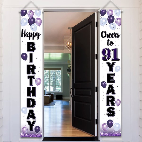 LASKYER Happy 91st Birthday Decorations,91st Purple Balloon Birthday Theme Door Hanging Banner Sign,91 Years Old Bday Party Supplies.