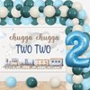 JOYMEMO Blue Train 2nd Birthday Party Decorations Boys, Train Balloon Garland Arch, Number 2 Balloon with Chugga Chugga Two Two Backdrop for 2 Years Old Birthday Party Supplies