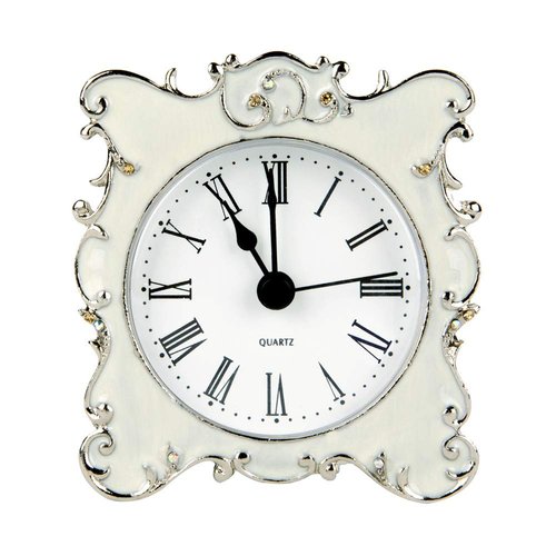 NIKKY HOME Pewter Pretty Small and Cute Vintage Table Clock with Quartz Analog Crystal Rhinestone 3 Inch for Living Room Bathroom Decoration, White Enamel