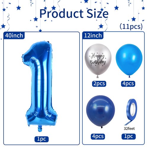 40 Inch Blue Number 1 Balloon, 1st Birthday Balloons, 11Pcs Silver Birthday Print Balloons Dark Light Blue Latex Balloons 1 Foil Balloon for Baby Boy Girl 1st Birthday Party Decorations Anniversary