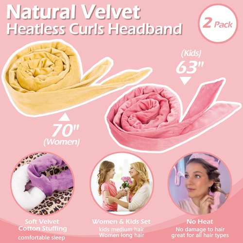 Heatless Curling Rod Headband, 70'' Long Heatless Curls Headband, Soft Velour Heatless Curlers Hair for Long Hair, Overnight Hair Rollers Set, Lazy Hair Curlers to Sleep In