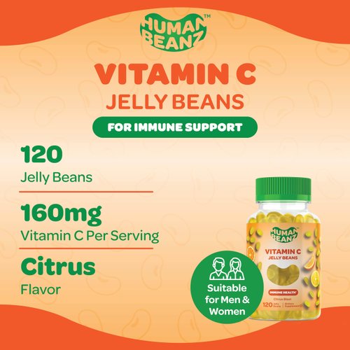 Human Beanz Vitamin C Jelly Bean Gummies for Adults, Immune Support Dietary Supplements, Vegetarian, 120 Citrus Blast Jelly Beans, Kosher