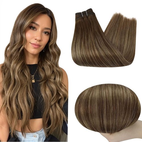 Full Shine Weft Hair Extensions Human Hair 12 Inch Weft Sew in Hair Extensions Real Human Hair 80G Color Medium Brown To Honey Blonde Mix Medium Brown Weft Ombre Brown Silky Straight Human Hair