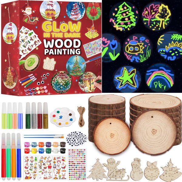 Kids Wooden Painting Kit, Glow in The Dark Arts and Crafts for Boys Girls Ages 4-12, DIY Natural Wood Slice Ornament Kit, Party Home Decor, Creative Art Toys Gift for 4 5 6 7 8 9 10 11 12 Years Old