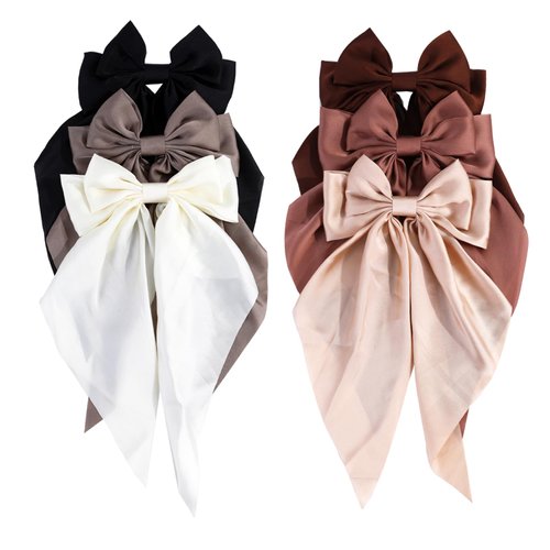 Silky Satin Hair Bows for Women,Big Ribbon Bow Hair Clips for Girls, Oversized Long Tail Hair Barrettes Cute Hair Accessories (Brown color 6pcs)