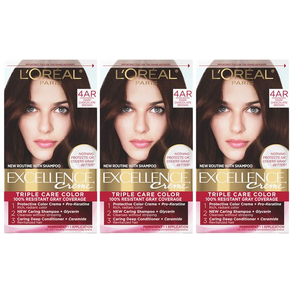L'Oreal Paris Excellence Creme Permanent Hair Color, 4AR Dark Chocolate Brown, 100 percent Gray Coverage Hair Dye, Pack of 3