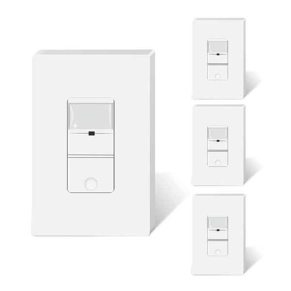TOPELER 4 Pack Occupancy Sensor Light Switch, Neutral Wire Required, Motion Activated Wall Switch, Single Pole for CFL/LED/Incandescent Bulb, Wall Plate Included, White, UL Listed FCC Approval