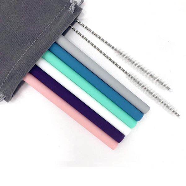 Senneny Set of 6 Silicone Drinking Straws for 30oz and 20oz - Reusable Silicone Straws BPA Free Extra Long with Cleaning Brushes- 6 Straight- 6mm diameter