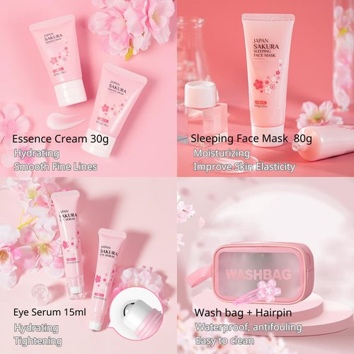Sakura Facial Skin Care Products - Skin Care Set - Travel Kit for Women - Skincare Set with Sleeping Face Mask,Eye Serum,Essence Cream,Wash Bag,Hairpin - with Sakura Extract，Hydrate Tighten Nourish
