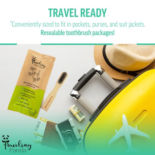 Traveling Panda Mini Travel Bamboo Toothbrush Kit with 2 Soft Bristle Toothbrushes and Mint Toothpaste Tablets, 2X 10 Tabs