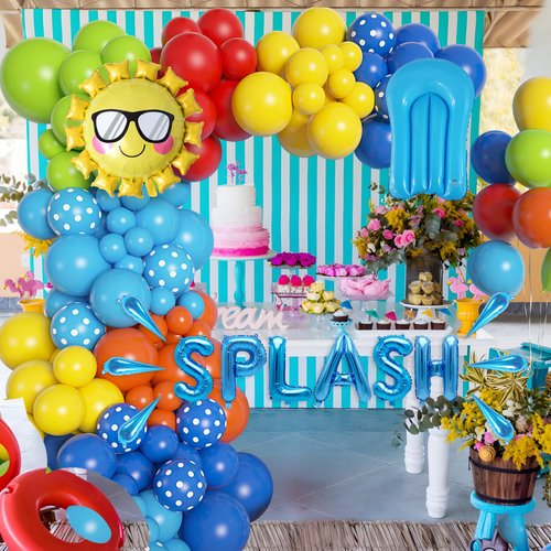 Amandir 159PCS Summer Pool Beach Party Decorations Splash Tropical Balloon Garland Arch Kit Sun Watermelon Foil Balloons for Kids Birthday Swimming Water Luau Hawaiian Baby Shower Party Decorations
