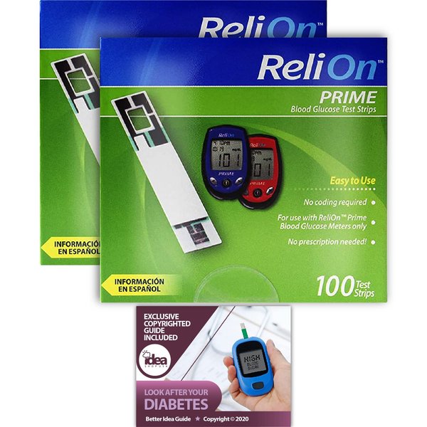 ReliOn Prime Blood Glucose Test Strips, 100 Ct (2 Pack) Bundle with Exclusive "Look After Your Diabetes" - Better Idea Guide (3 Items)