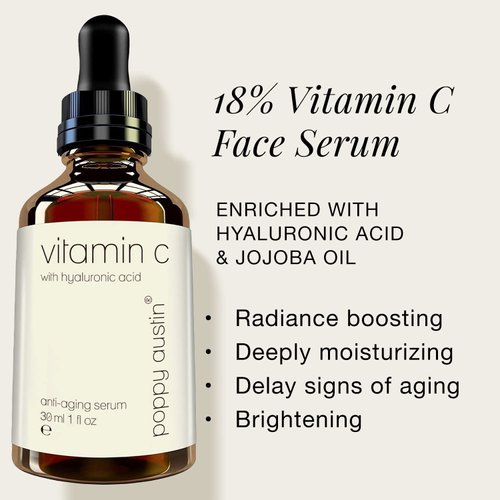 Poppy Austin Vitamin C Face Serum with Hyaluronic Acid, Vitamin C for Face, Vit C Serum, Vitamin C Oil for Face, Vitamin C Facial Serum (1 Oz)