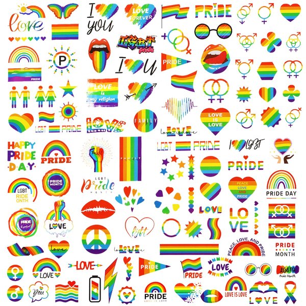 10 Sheets 110pcs Rainbow Temporary Tattoos, Pride Tattoos Love Heart/Rainbow/Butterfly/Red Lip Gay Pride Stickers Body Art Decoration for LGBT Pride Parades Celebrations Party Supplies