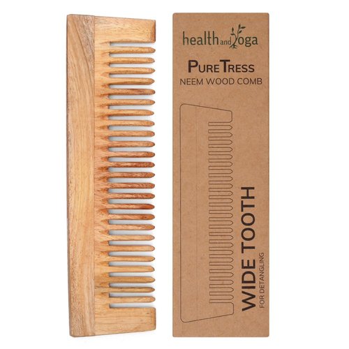 HealthAndYoga™ PureTress Handcrafted Neem Wood Comb - Non-Static and Eco-Friendly Wide Tooth Comb for Women and Men - Soothing Scalp and Hair Health - 7 Inches