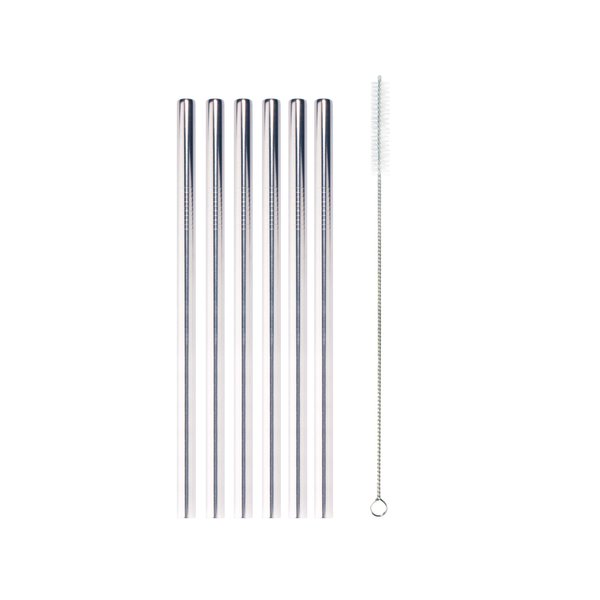 BambooMN Reusable Stainless Steel Metal Drinking Straws - 8.5" Thick Straight Straws w/ 1x Cleaning Brush - 6 Pack