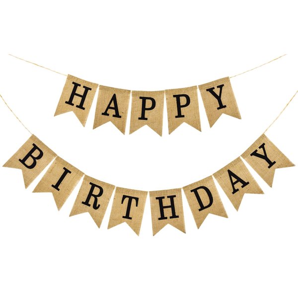 Burlap Happy Birthday Banner - Pre-Strung Reusable Party Decoration with 13 Flags, Waterproof Bunting for Women, Men, Kids, Adults - Backdrop Sign for Birthdays Celebrations (Black Letters)