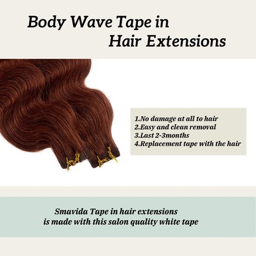 Body Wave Tape in Hair Human Hair Extensions Seamless Skin Weft Mapel Leaf Red Colored Hair Extensions 20pcs 50g/pack Invisible Adhesive Tape in 100% Remy Hair Extensions(20Inch #33 Dark Auburn)