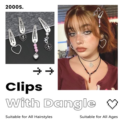 YAEISM 10PCS Heart Hair Clips Y2K Silver Hair Clips Metal Dangle Heart Gothic Barrettes 8 Shapes Cross Punk Hair Accessories for Women
