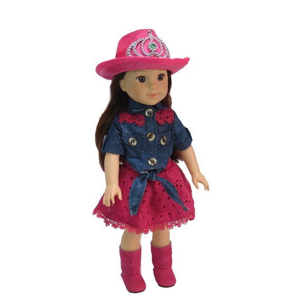 American Fashion World Hot Pink Cowgirl for 14-Inch Dolls | 4 Piece Set | Premium Quality & Trendy Design | Dolls Clothes | Outfit Fashions for Dolls for Popular Brands